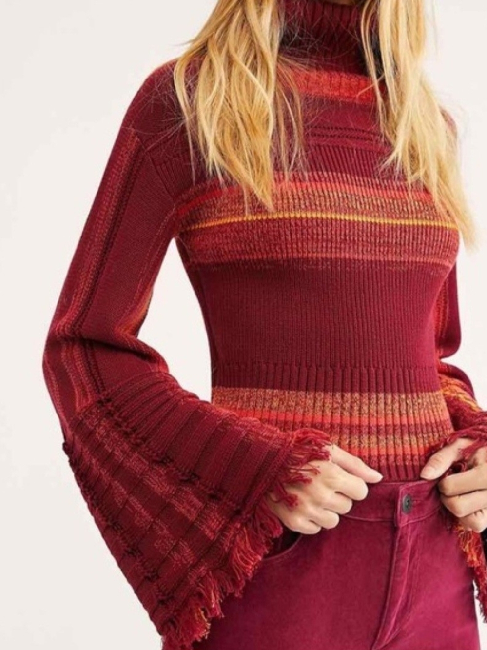Free People Close To Me Pullover Sweater Small Red Berry Stripe Turtleneck